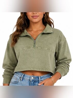 Love Connect Olive Green Quarter Zip Cropped Pullover Top Size Large